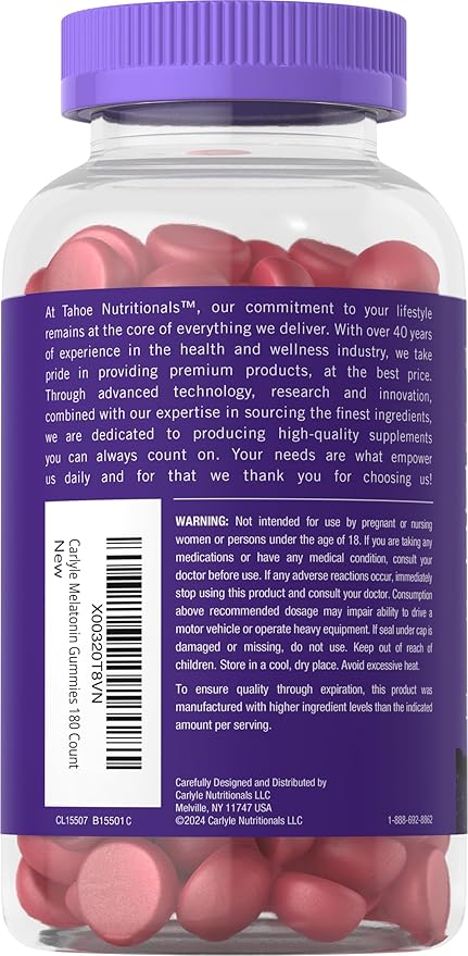 Carlyle Tahoe Nutritionals Melatonin Gummies 12mg | 180 Count | Berry Flavor | Drug Free Supplement | Vegan, Non-GMO, Gluten Free