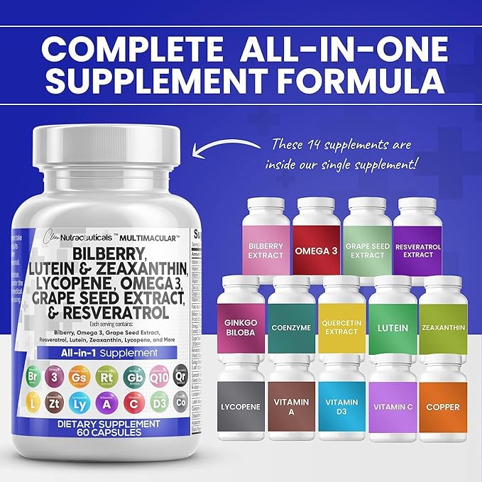 Clean Nutra Eye Vitamins with Bilberry Lutein and Zeaxanthin Supplements Lycopene 40mg Resveratrol Grape Seed Astaxanthin for Eyes - Eye Care Health Support Eye Vitamin and Mineral Supplement