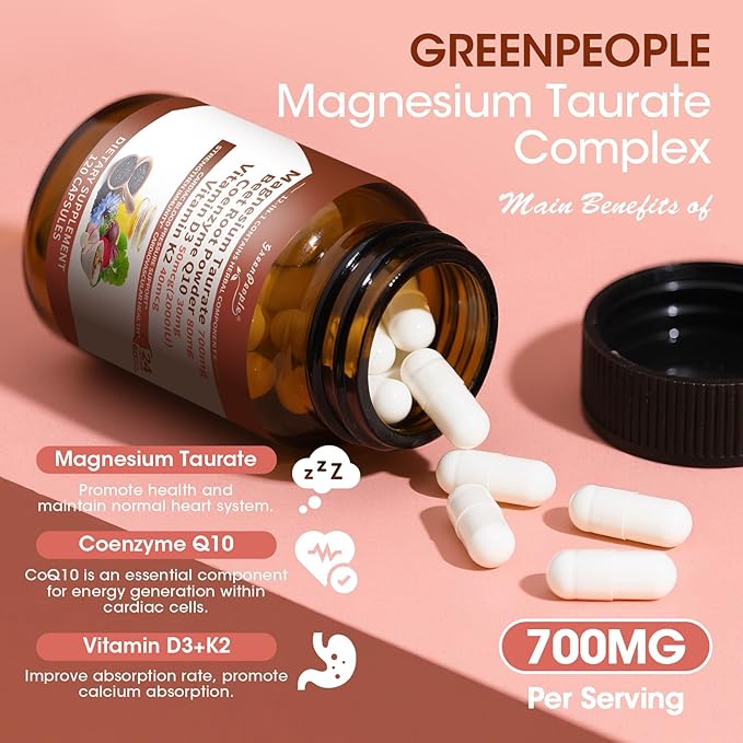 Magnesium Taurate Capsules, 12-in-1 Complex - Beet Root, CoQ10, Resveratrol for Heart Support, Immue Support, High Absorption Magnesium Taurate Complex Supplement for Men and Women, 120 Capsules