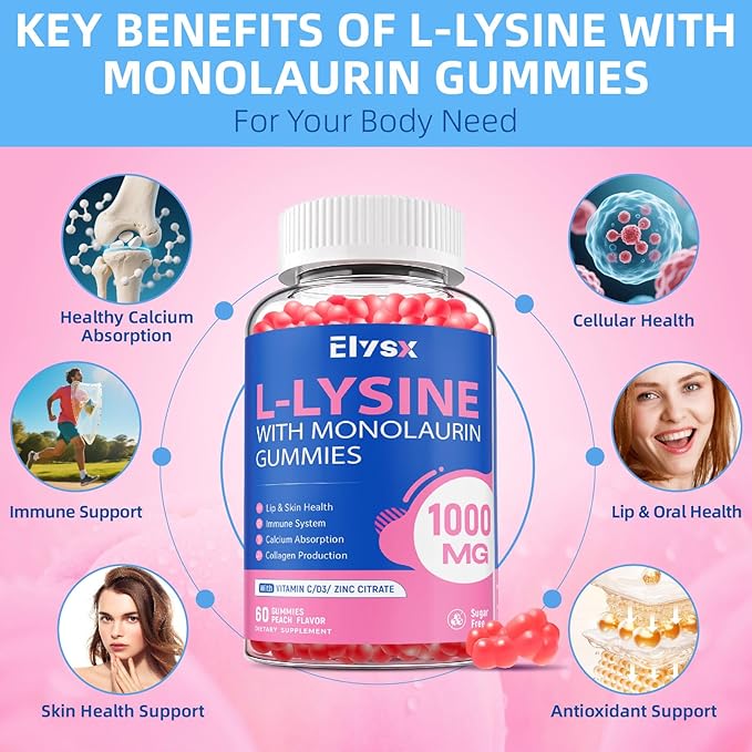 L-Lysine Gummies 1000mg, Sugar-Free Chewable Lysine with Monolaurin Supplement for Adults & Kids, Lips & Oral Health, Immune & Overall Health, Natural Peach Flavor, 60 Count