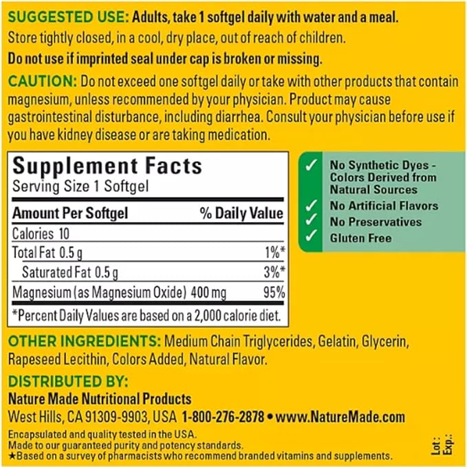 Nature Made Magnesium 400 mg Oxide Extra Strength 180 softgels, 180 Supply Days-1 Softgel Daily with Water and a Meal- Bundeled with nalkot-Suppliment Guide