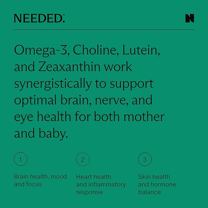 Needed. Vegan Omega-3 DHA & EPA Supplement - 500mg Omega-3 + 100mg Choline, Plant-Based Capsules, Sustainably Sourced Algae Oil, 2 Capsules Daily, 30-Day Supply