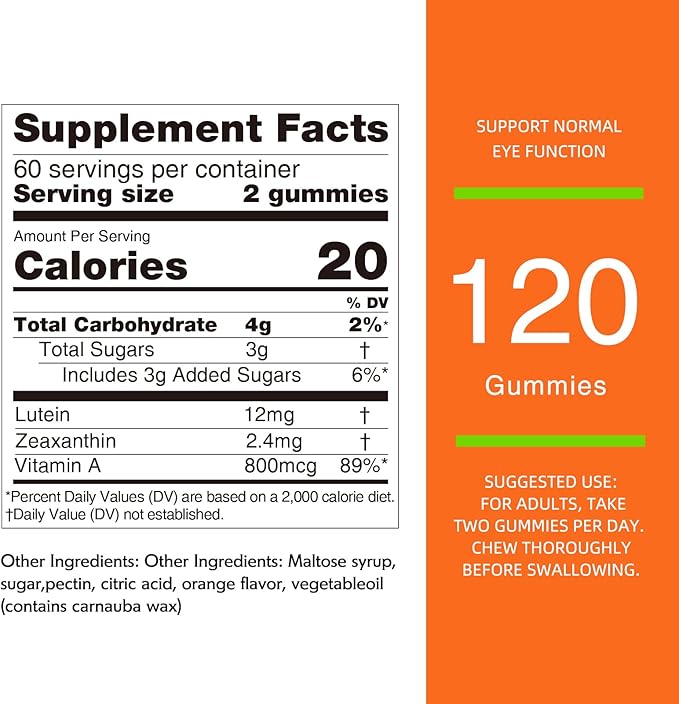 Nature's Key Lutein Gummies 12mg with Zeaxanthin & Vitamin A for Kids and Adults | Eye Health and Brain Function Supplement | Orange Flavor, 120Ct