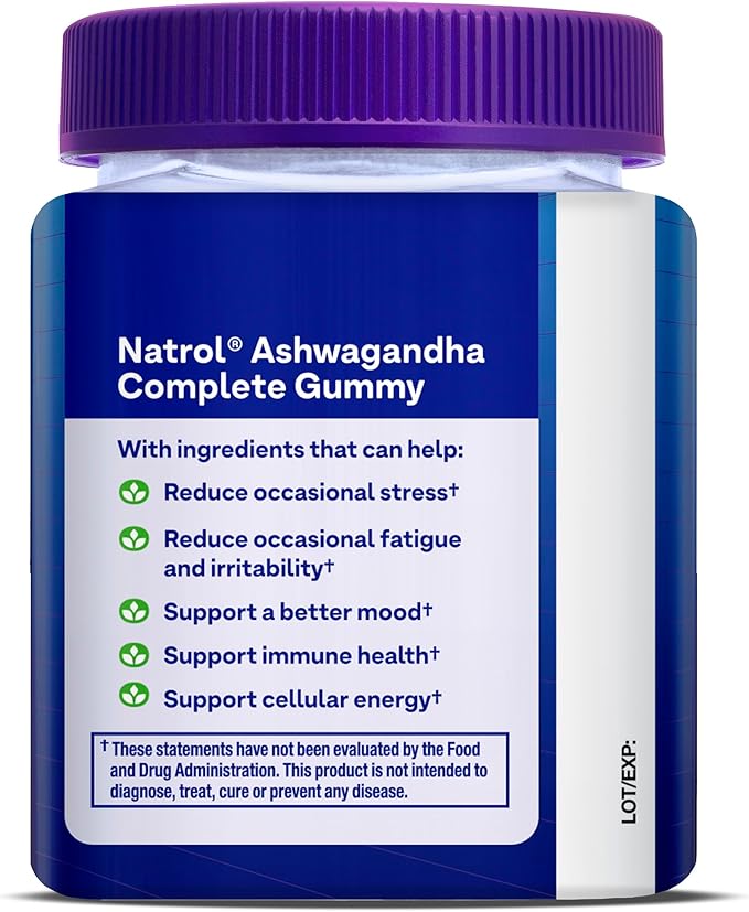Natrol Ashwagandha Complete Gummy, 3-in-1 Daily Stress Support, Supports Better Mood, Reduces Occasional Stress and Fatigue, 30 Gummies, Up to a 15 Day Supply