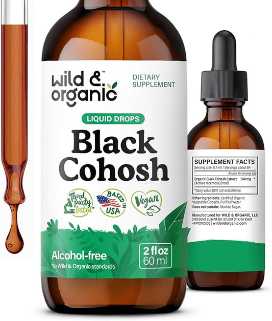 Wild & Organic Black Cohosh Liquid Drops 540 mg - Herbal Supplements for Women - Liquid Black Cohosh Extract Tincture - 2-Month Supply - Vegan, Sugar & Alcohol-Free - 2 fl oz