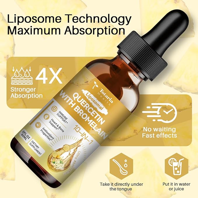 Liposomal Quercetin with Bromelain Liquid Drops - High Absorption Quercetin 1000mg & Bromelain 500mg Plus Elderberry,Vitamin C,Zinc for Immune & Antioxidant & Heart & Bone Support- 2 Fl Oz