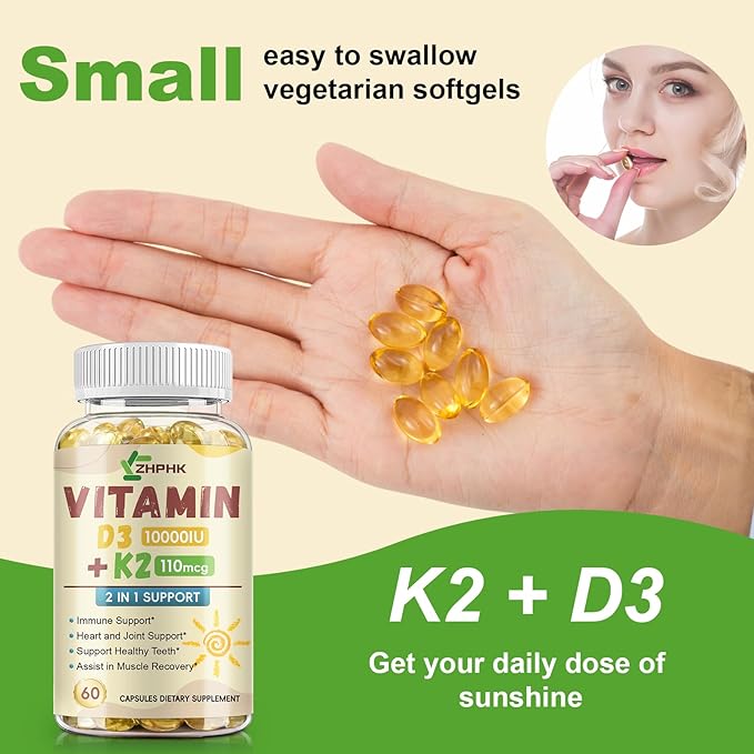 D3 K2 Vitamin 10,000 IU, K2 Vitamin with D3 Supplement High Potency Non-GMO Formula, Immune Supports, Bone & Heart Health Microingredients Vitamin D3 K2 Complex (MK-4 & MK-7), 60 Softgels