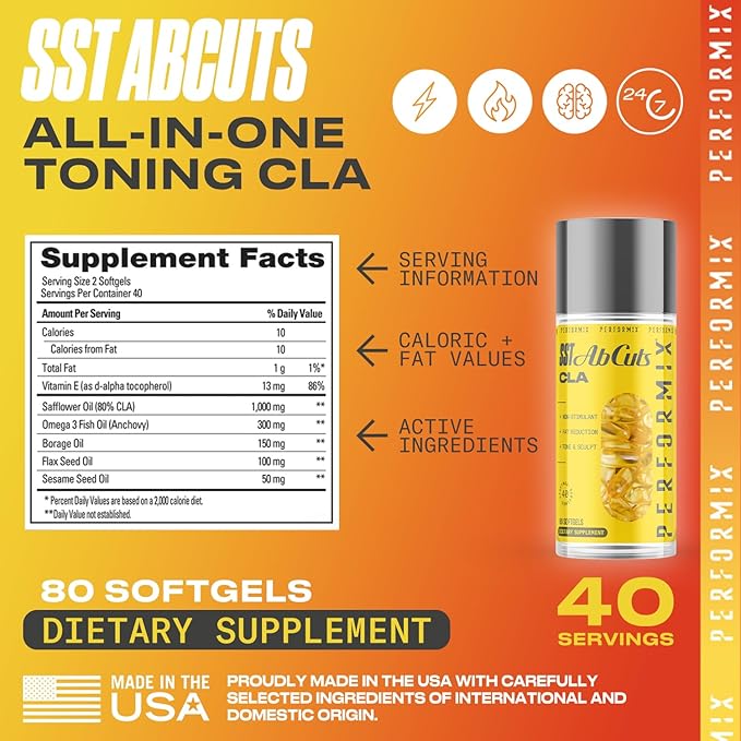 PERFORMIX - SST AbCuts - CLA 1,000 mg - Stim Free - Thermogenic - Fitness Goals - Metabolism Booster - Health & Wellness - Safflower Oil, Omega 3, Flax Seed & Vitamin E - Pre Workout - 160 Softgels