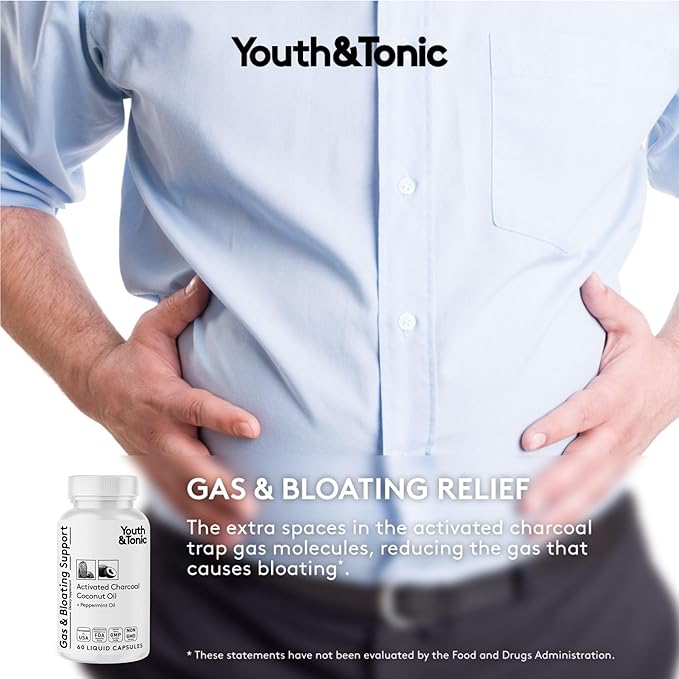 Youth & Tonic Activated Charcoal Pills for Bloating and Gas Relief to Soothe The Stomach and Digestive System Detox with Peppermint & Organic Coconut Oil, for Men & Women - 60 Liquid Capsules
