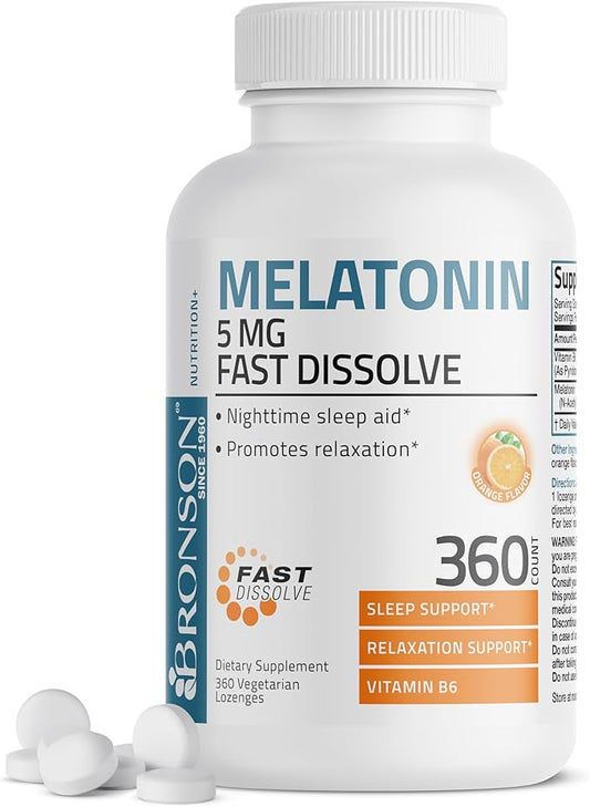 Bronson Melatonin 5mg Fast Dissolve Orange Flavor Tablets with Vitamin B6 - Promotes Relaxation, 360 Vegetarian Chewable Lozenges