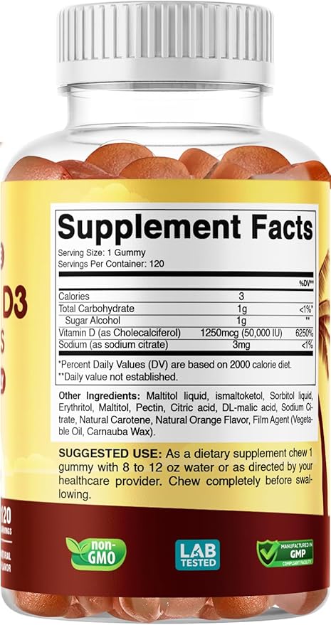 Sugar-Free Vitamin D3 50,000 IU Weekly Gummies – 120 Count Bone, Teeth, and Immune Support – Non-GMO, Easy-to-Chew Supplement