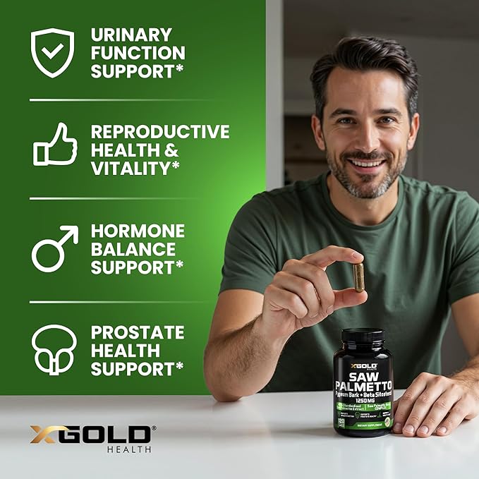 X Gold Health Saw Palmetto Prostate Supplement for Men | Pygeum Bark | Beta Sitosterol Supplement | Potent 3X Formula | Urinary Function Prostate | DHT Blocker Hair Growth | 4 Month Supply Male Pills