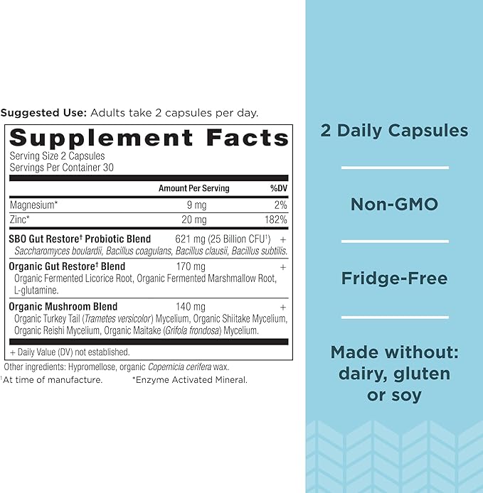 Ancient Nutrition Probiotics, SBO Probiotics Gut Restore 60 Ct, Promotes Gut Health, Digestive and Immune Support, Gluten Free, Ancient Superfoods Blend, 25 Billion CFUs* Per Serving