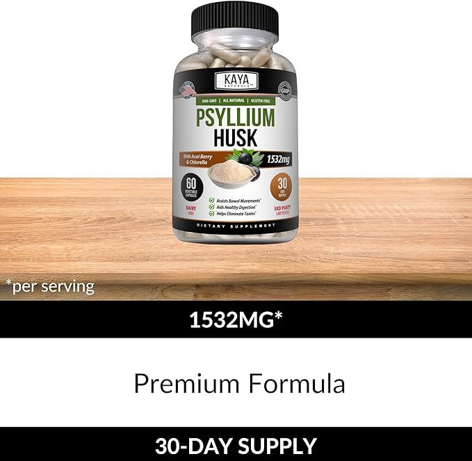 Kaya Naturals Psyllium Husk Capsules - 60 Count | High Fiber Supplement | Digestive Health & Regularity | Gluten-Free, Non-GMO