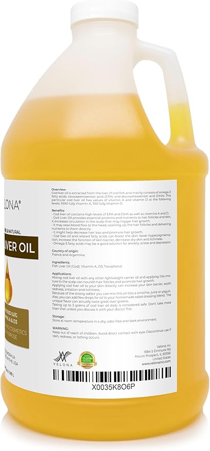 velona Cod Liver Oil - 64 Fl Oz | 1,000A/100D IU/g Omega 3 Vitamins A & D3 | Norwegian Arctic Sustainably Sourced Nordic Oil | Hair, Body and Skin Care | Use Today - Enjoy Results