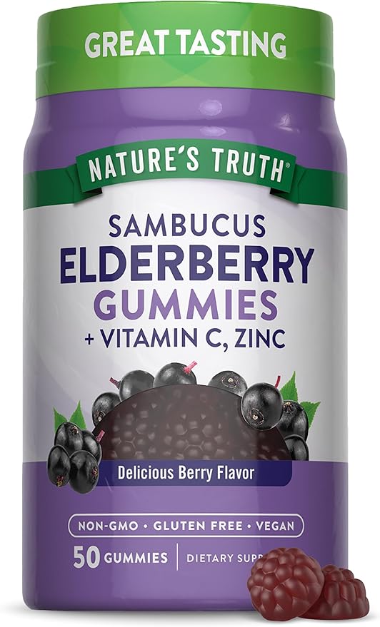 Nature's Truth Black Elderberry Gummies | 50 Vegan Gummies | with Vitamin C and Zinc | Berry Flavor | Vegan, Non-GMO, and Gluten Free Supplement