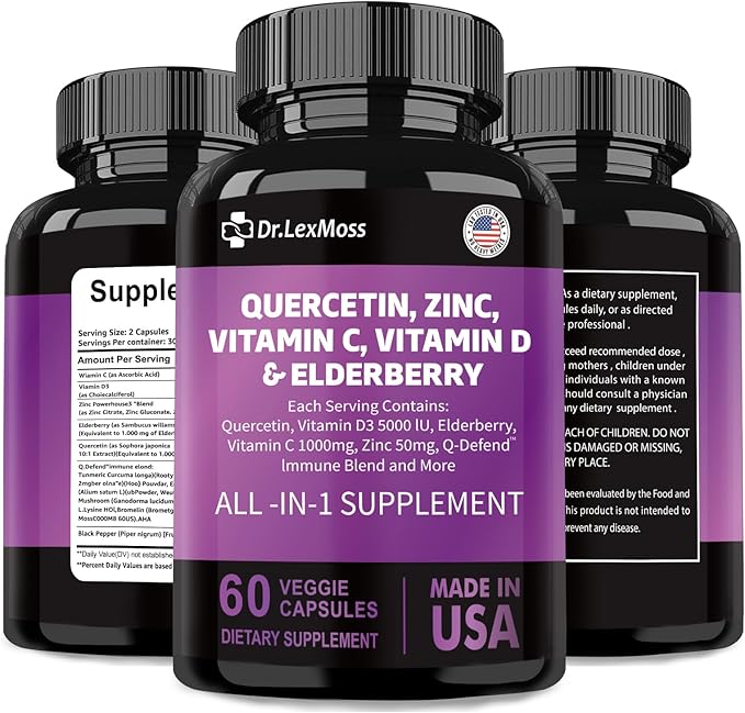 60 Count Quercetin 1000mg Zinc 50mg Vitamin C 1000mg Vitamin D 5000IU Immune System Support Supplement with Echinacea Ginger Bromelain Sea Moss Garlic Nettle Vegan Capsules for Men and Women,USA