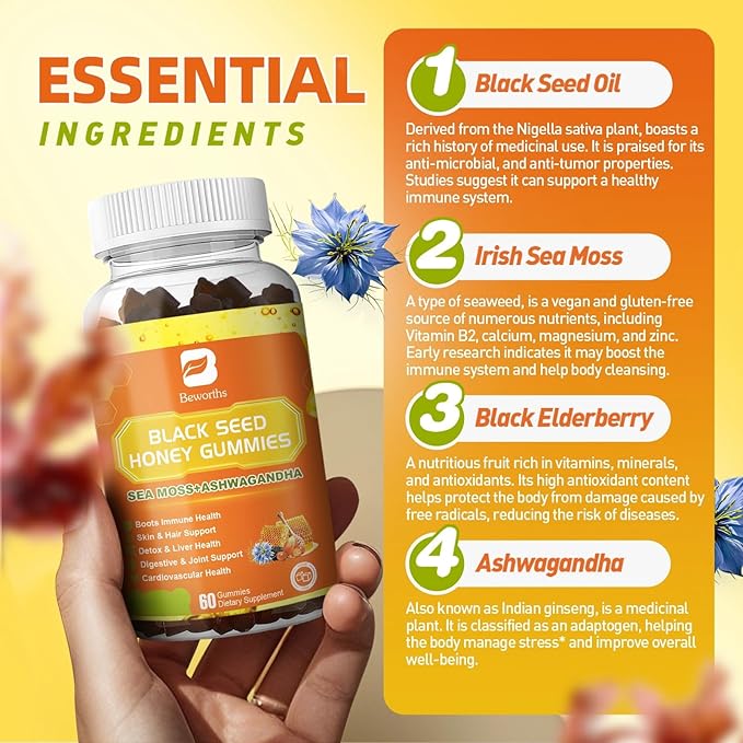 Black Seed Oil Sea Moss Gummies with Ashwagandha, Burdock Root, Linden Honey, Elderberry, Turmeric, Vitamin C, D3 & Zinc - Supports Immunity, Joints, Digestion, Hair & Skin, Vegan Gummies 60 Counts