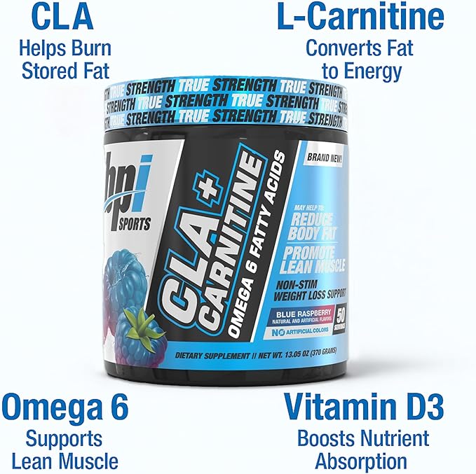 BPI Sports CLA + Carnitine – Conjugated Linoleic Acid – Weight Loss Formula – Metabolism, Performance, Lean Muscle – Caffeine Free – for Men & Women – Blue Raspberry – 50 Servings – 12.34 oz.