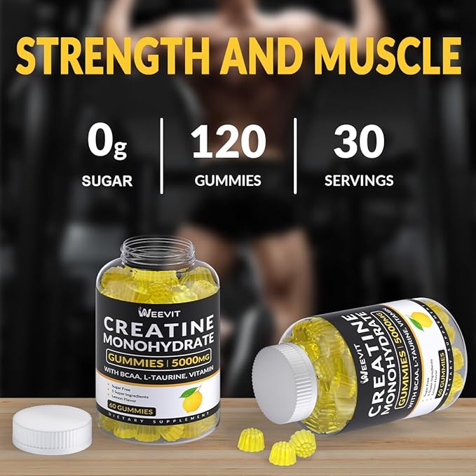 Creatine Monohydrate Gummies for Men, Chewables Creatine Monohydrate for Muscle Strength Energy Boost, Pre-Workout Supplement with BCAA, L-Taurine, B12