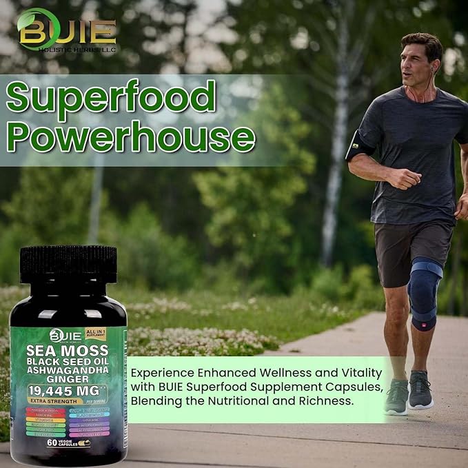 BUIE Sea Moss Capsules (Ginger) | Irish Moss with Black Seed Oil, Ashwagandha & Ginger | Seamoss Superfood for Energy, Immunity, Joint & Skin Health | Vegan, Non-GMO | 60 Capsules