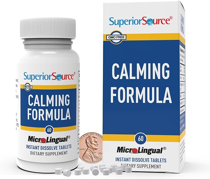 Superior Source Calming Formula, L-Theanine, Melatonin, Under The Tongue Quick Dissolve MicroLingual Tablets, 60 Ct, 5-HTP for Enhanced Serotonin Conversion, Positive Mood and Sleep Support, Non-GMO