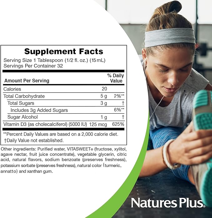 Natures Plus Liquid Sunshine Vitamin D3-5000 IU, 16 fl oz - Delicious Tropical Citrus Flavor - Bone Health, Heart Health & Immune System Support Supplement - Gluten Free - 32 Servings