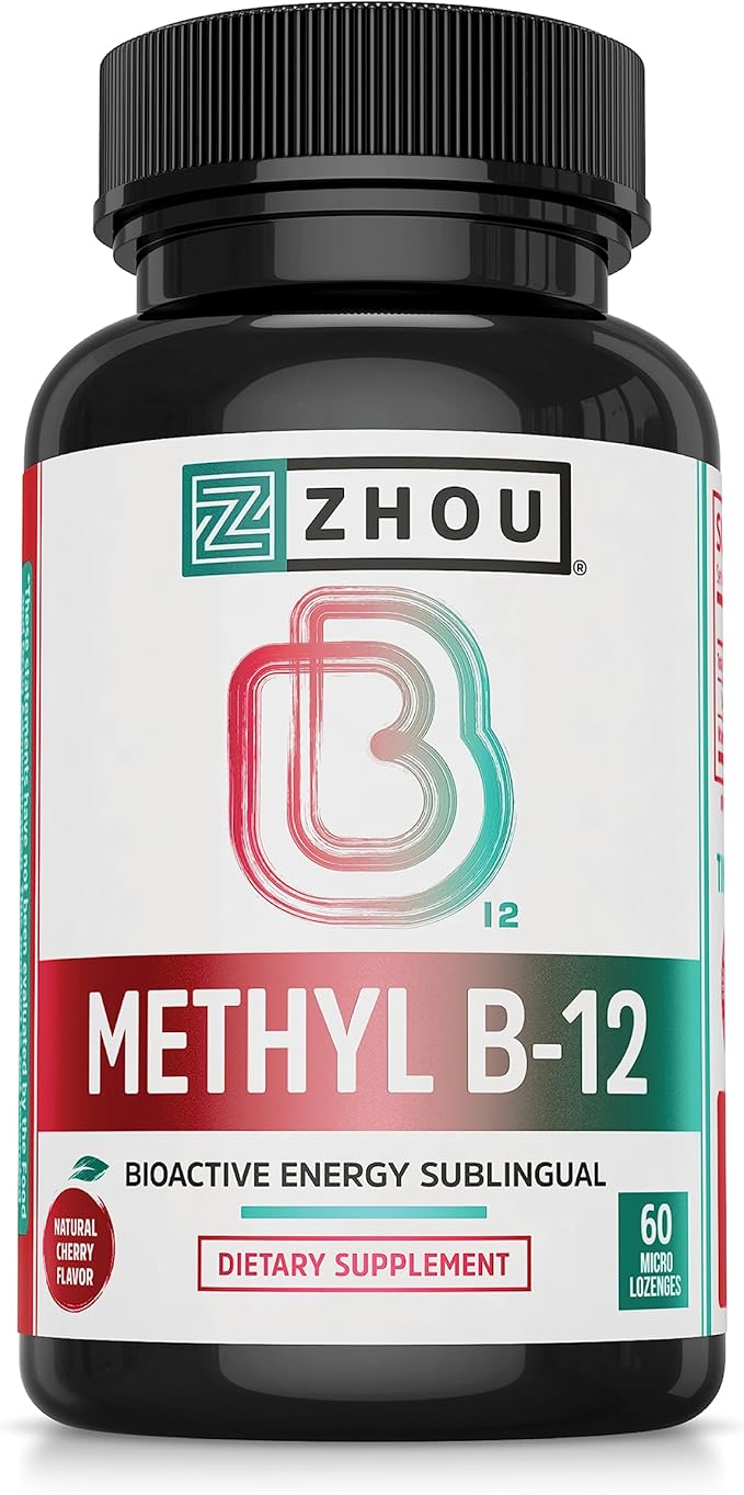 Zhou Methyl B12 - Methyl B-12 Supplement for Women & Men, Vitamin B12 5000 mcg, Vegan Friendly, Cellular Energy and Nerve Function Support, Methylcobalamin - 60 Micro Lozenges