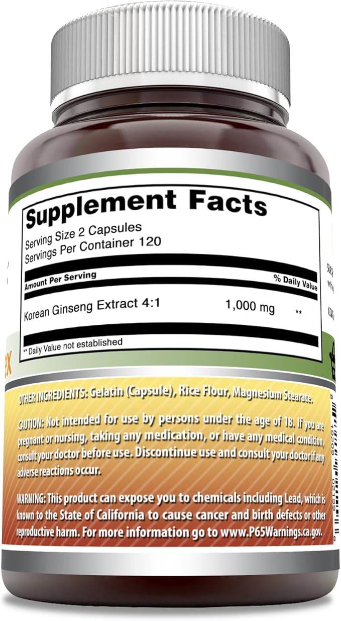 Amazing Formulas Ginseng Complex 1000mg of 4:1 Korean Ginseng Extract, Capsules Supplement | Non-GMO | Gluten Free | Made in USA (240 Count)