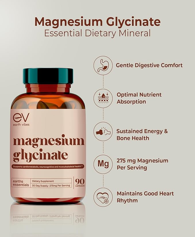 Earth Vibes Magnesium Glycinate Supplement - 90 Vegan Capsules | Restful Sleep & Calm Mood | High Absorption Magnesium Complex | Supports Muscle, Bone and Nerve Health