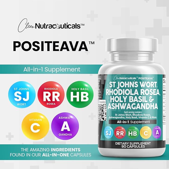 Clean Nutraceuticals St Johns Wort Rhodiola Rosea Holy Basil Ashwagandha - Mood Support for Women and Men with Vitamin C & Black Pepper Extract - 90 Caps