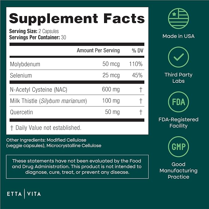 Vegan Liver Detox & Cleanse - NAC Supplement N-Acetyl Cysteine 600mg with Quercetin, Milk Thistle, Molybdenum & Selenium, N-Acetyl-Cysteine Capsules for Immune Support, Respiratory & Brain Health