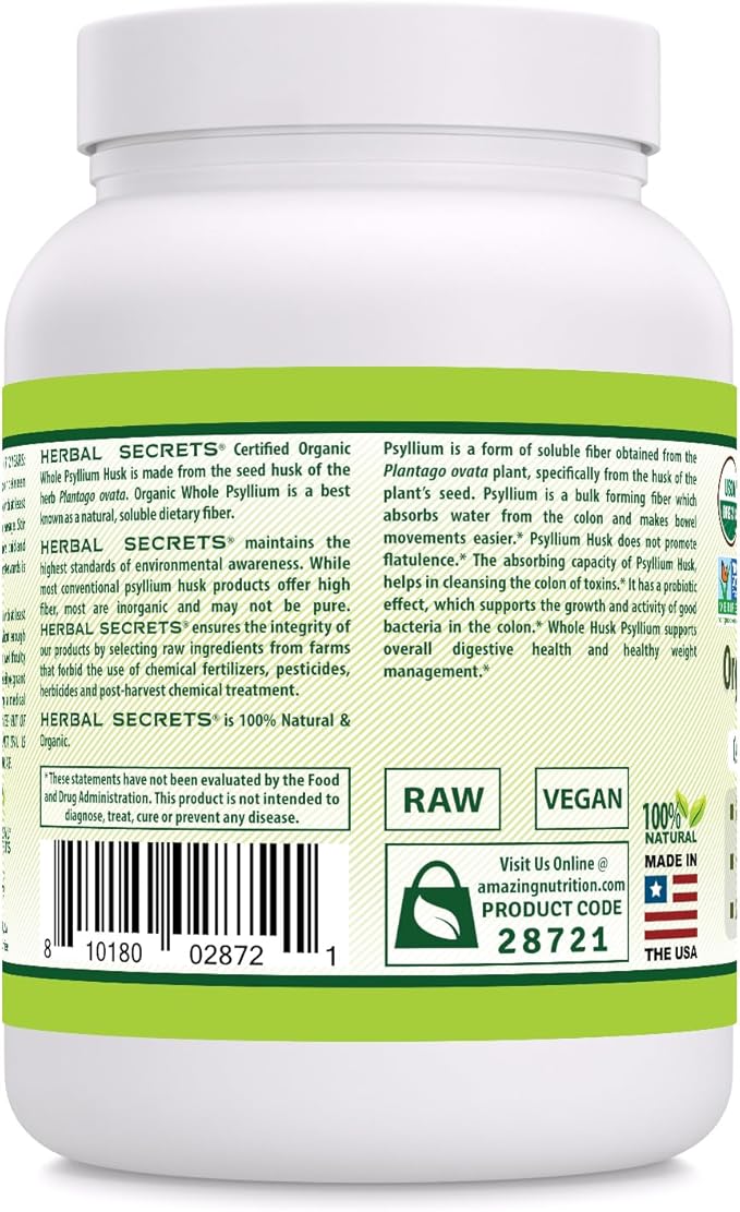 Herbal Secrets Organic Whole Psyllium Husk 16 oz Powder Supplement | 5 Grams Per Serving | 90 Servings | Non-GMO | Gluten Free | Made in USA | USDA Certified