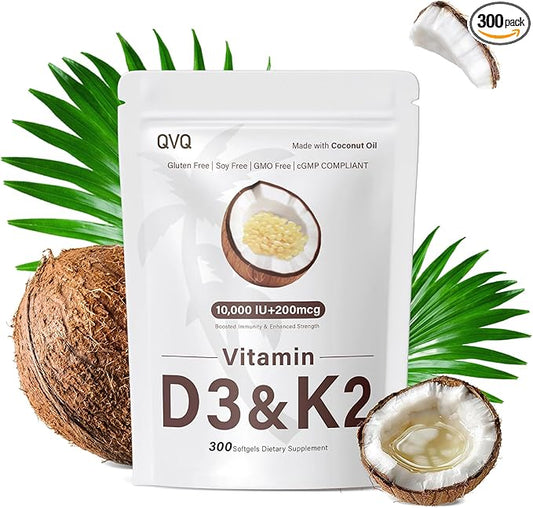 300 Pcs 2 in 1 Vitamin D3 10000 iu Plus K2 (MK-7) 200 mcg Virgin Coconut Oil Softgels with Vitamins D & K Supports Calcium Absorption, Bone, Immune, & Heart Health – Easy to Swallow