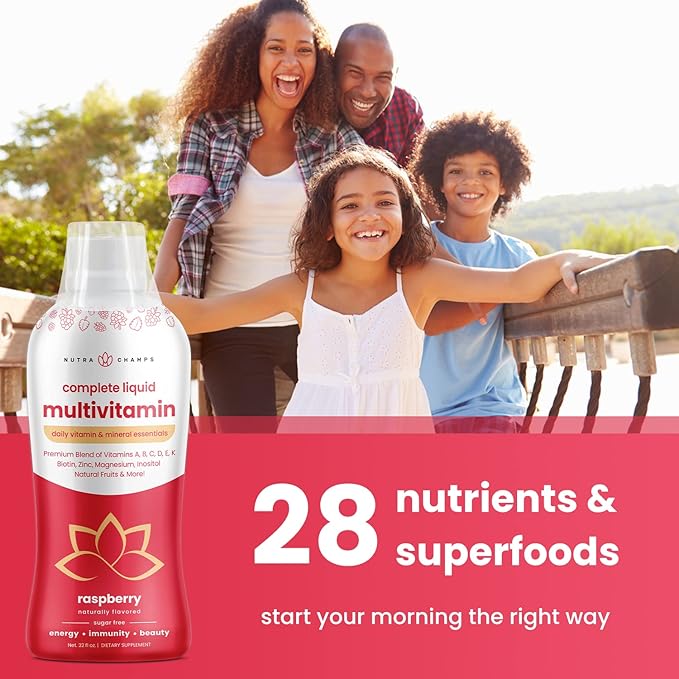 Liquid Multivitamin for Women, Men & Kids | Sugar Free Liquid Vitamins | Vitamin A, B, C, D, E, K, Biotin, Zinc, Magnesium | Energy, Beauty, Immune Support Supplement | Vegan, Natural Raspberry