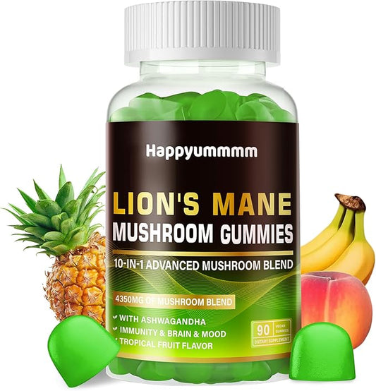 Mushroom Gummies - 10x Mushroom Supplement with Ashwagandha and Lions Mane (90 Chews) Nootropic Brain Supplement, Immune Support & Stress Relief-Fruit Flavor