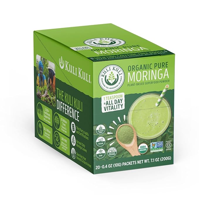 Kuli Kuli Moringa Oleifera Organic Leaf Powder & Green Smoothie, 100% Pure USDA Certified & Non-GMO Moringa Powder, Great with Smoothies, Tea, and Food, 0.4 Ounce, Pack of 20 (KK_PM)