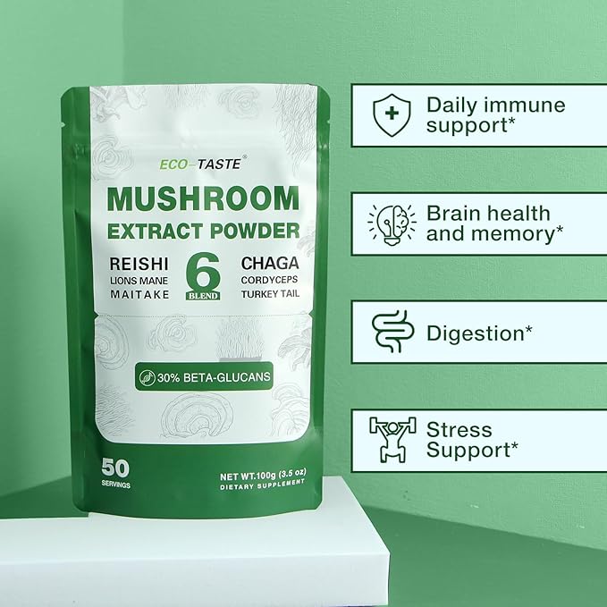 ECO-TASTE 6 Blend Mushroom Powder with 30% Beta-D-Glucan, Lions Mane, Reishi, Cordyceps, Chaga, Turkey Tail, Maitake, Fruiting Body Extract, 100 Grams