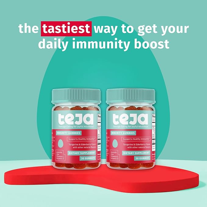 TEJA Immune Support Gummies for Teens with Vitamin D, VIT C, Zinc, and Acerola. Low Sugar Supplement, Daily Immunity Multivitamin for Age 12-17 Teenagers to Adults. 30 Gummies (2 Pack)