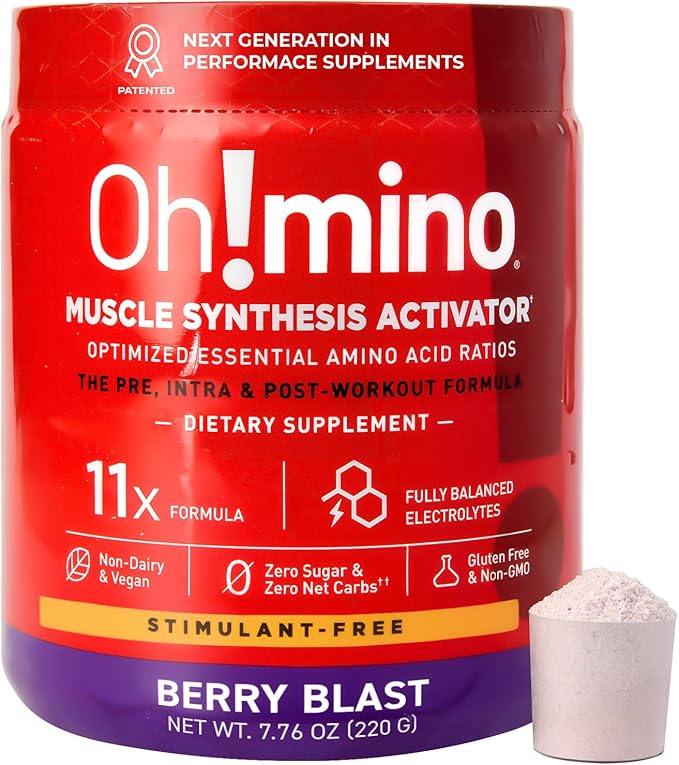 Ohmino Essential Amino Acids for Muscle Gain - BCAAs and EAA Amino acids Powder Supplement, Pre & Post Workout - Non Caffeine, Non Dairy, Vegan, Zero Sugar & Net Carbs - 40 Servings (Berry Blast)