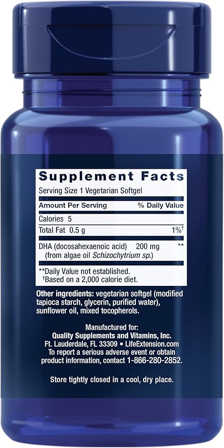 Life Extension Vegetarian DHA, Omega-3 from Algae for cognition, Mood & Eye Health, Gluten-Free, Non-GMO, Vegan, 30 softgels
