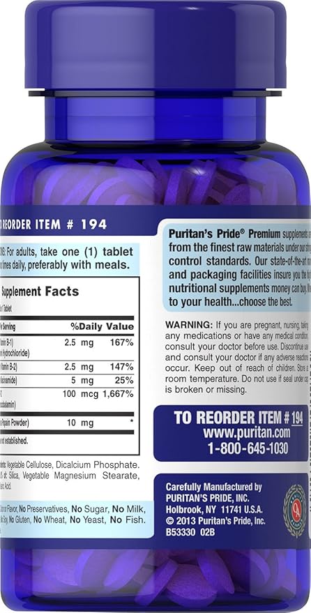 Puritan's Pride Premium Vitamin B-Complex and Vitamin B-12, Vegetarian Dietary Supplement for Cellular Energy Production, Maintains Health of Skin and Nerves Support, 180 Tablets