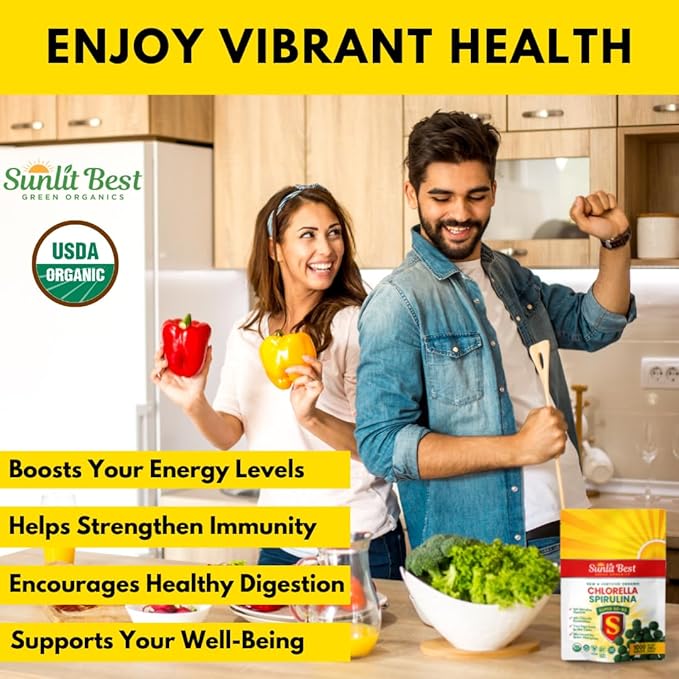 Sunlit Super 50/50 Organic Chlorella Spirulina Tablets - Super Greens Supplement for Immune Support, Gut Health, Mood & Energy - Rich in Chlorophyll, Amino Acids & Vegan Protein, 1000 Superfood Tabs