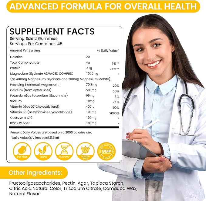 Magnesium Glycinate Gummies 1000mg - 90 Ct | Magnesium Potassium Supplements for Relaxation, Stress Relief, with Vitamin D, B6, CoQ10 for Calm Mood & Sleep Support - Mango Pineapple Gummies