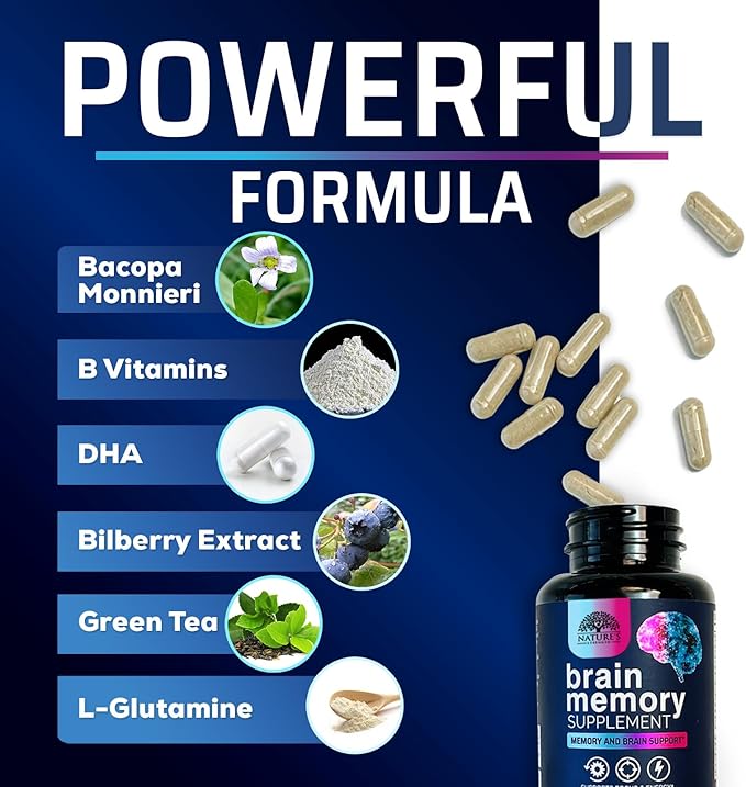 Brain Supplements for Memory and Focus - Advanced Cognitive Formula to Support Concentration, Energy, Clarity - Brain Health Memory Vitamins with Bacopa, Phosphatidylserine, DMAE & More - 120 Capsules