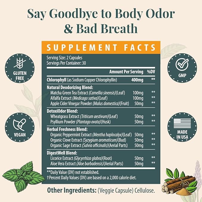 Women's Body Deodorizing Supplement – Chlorophyll Capsules for Body Odor, Fresh Breath & Gut Detox, For Workouts & Social Confidence – Vegan with Matcha Green Tea, Apple Cider Vinegar (60 Caps)