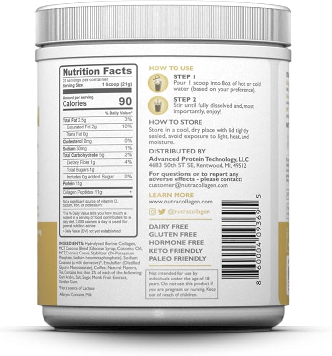 Protein Powder Combined with Premium Columbian Coffee; Grass-Fed, Non GMO, 12g Peptides, MCT Coconut Oil Powder, Soy Free, Gluten Free, Sugar Free, 40mg Caff/Srving; Chai Latte 25 Srvg