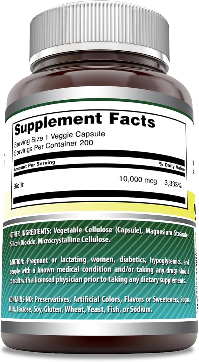 Amazing Formulas Biotin 10000 mcg | 200 Veggie Capsules | Vitamin B7 Supplement | Non-GMO | Gluten Free | Made in USA 3 Pack