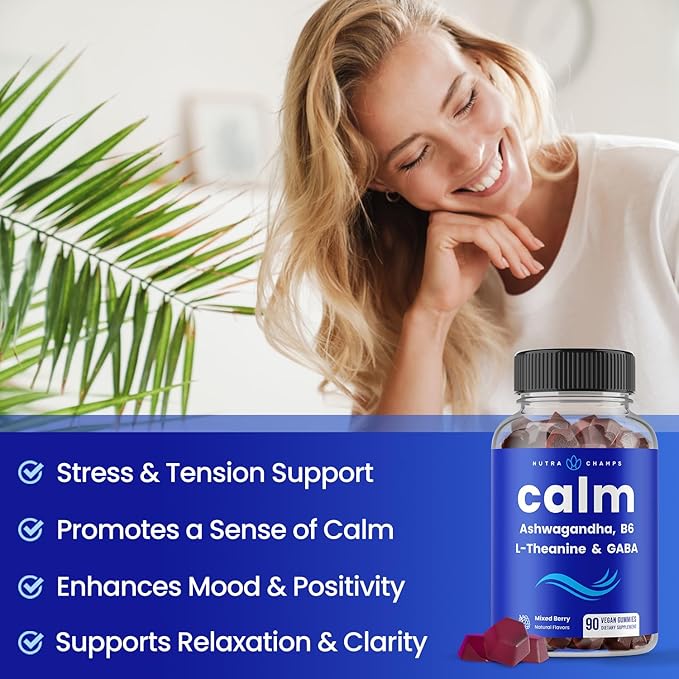 NutraChamps Calm Gummies, Stress Gummies Supplement with Ashwagandha, L-Theanine, GABA, Vitamin B6 & Lemon Balm, Supports Mood, Focus & Stress Relief, Natural Berry, 90 Gummies