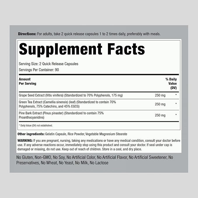 Piping Rock Grape Seed, Green Tea & Pine Bark Complex | 180 Capsules | Standardized Extract | Non GMO, Gluten Free Supplement